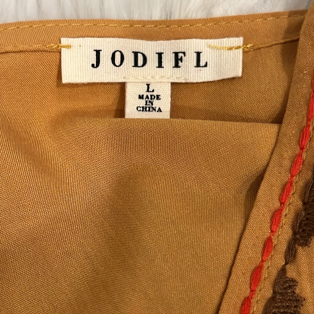 Jodifl Mustard Embroidered Ruffle Blouse L Boho Long Sleeve Top - Picture 6 of 11